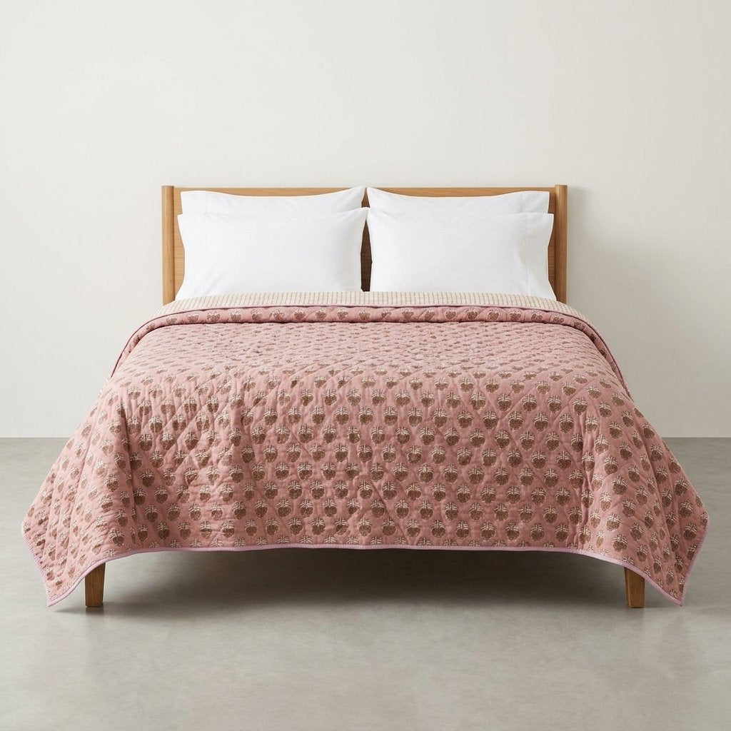 Lulu Kantha Cotton Bedspread, Block Print, Reversible