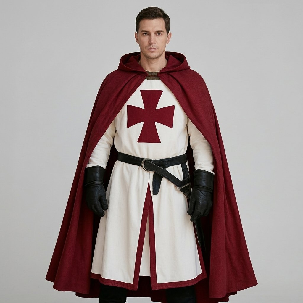 Medieval Crusader Knight Tunic Costume with Cross Pattée Design and Split Hem Panels