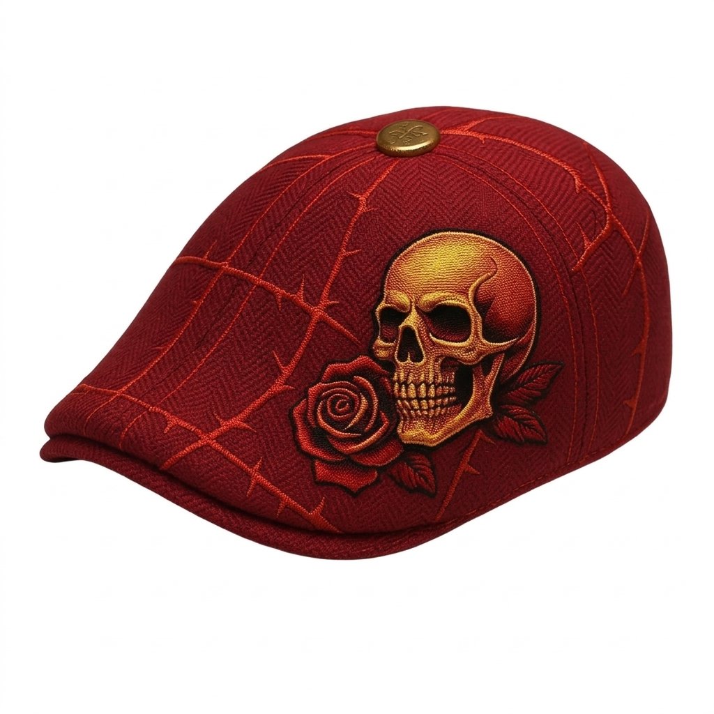 Men's flat cap with skull and rose embroidery