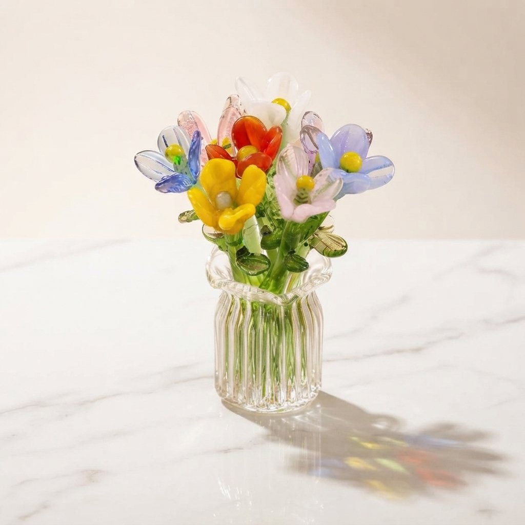 Miniature Glass Flower Set with Fluted Vase