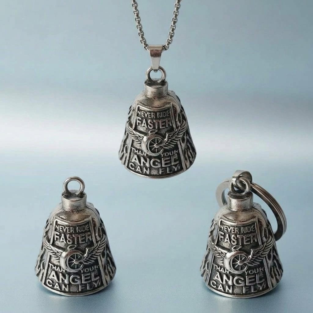Motorcycle Guardian Bell Charm with Winged Wheel Motif – Antique Silver Alloy Pendant, Keyring and Box Chain Set