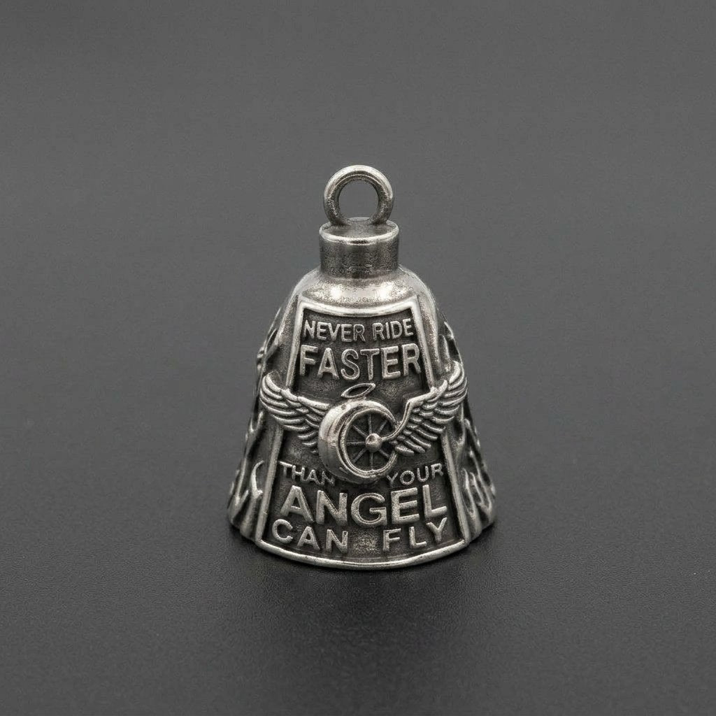Motorcycle Guardian Bell with Winged Wheel Design – Biker Good Luck Charm with Keychain and Necklace