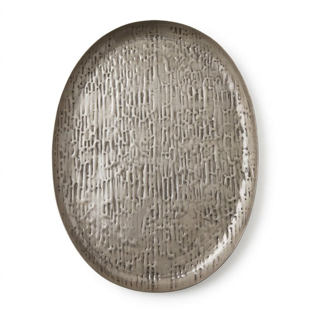 Oval Hammered Iron Decorative Tray, Antique Silver