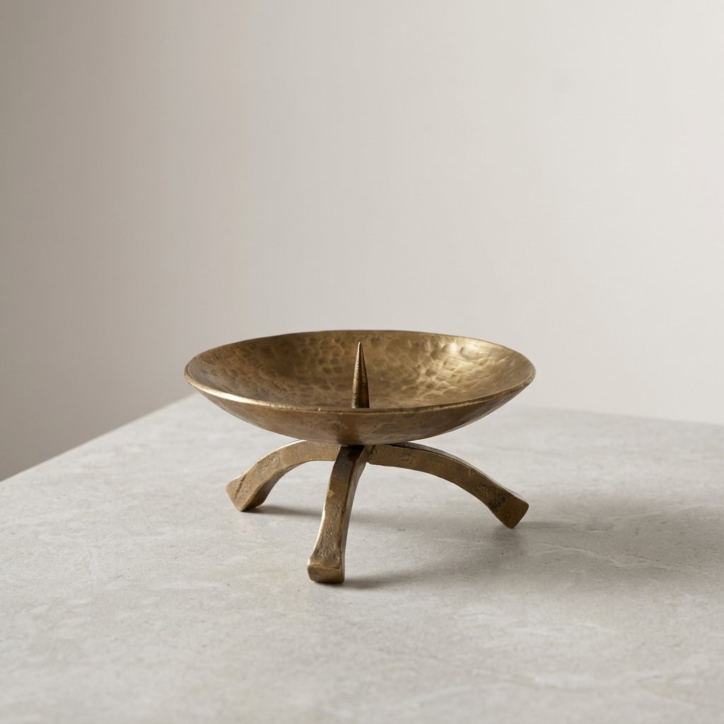 Pillar Candle Holder in Antique Brass, Tripod Base
