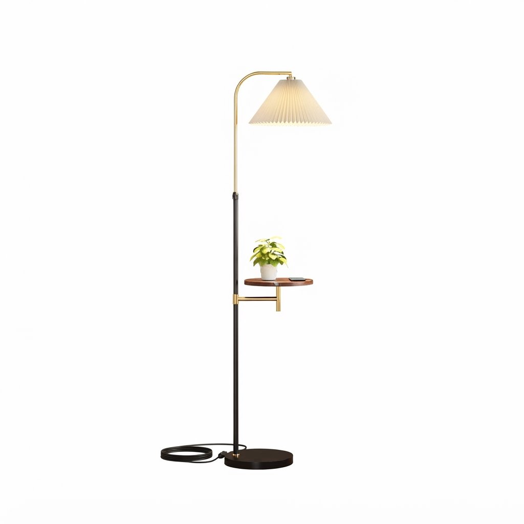 Pleated Floor Lamp with Side Shelf, Gold & Black