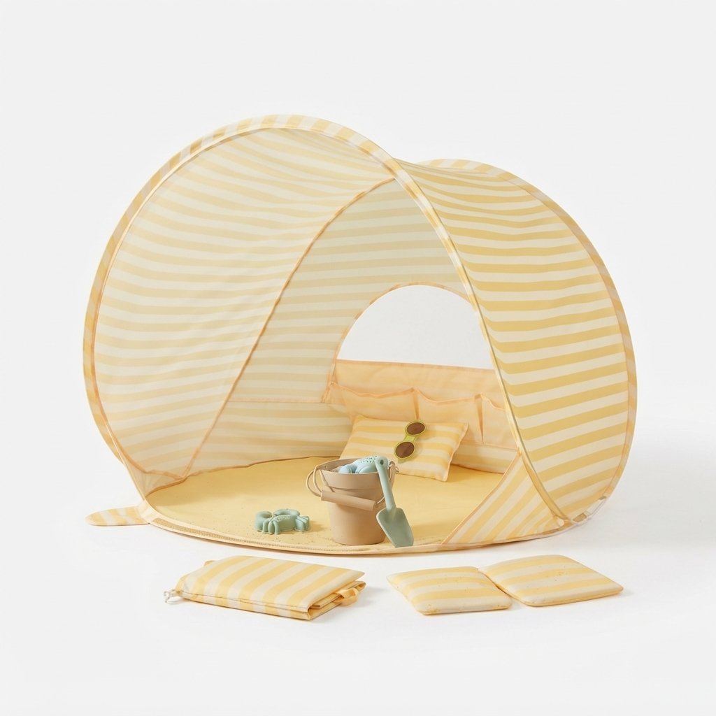 Pop-Up Beach Tent with Sand Toy Set, Pastel Yellow Stripe