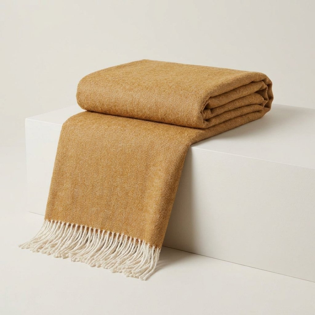 Pure Wool Herringbone Throw in Ochre with Fringe