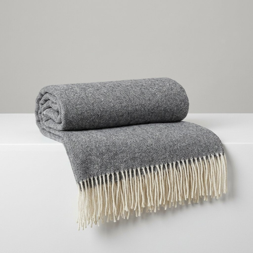 Pure Wool Herringbone Throw in Soft Grey with Fringe
