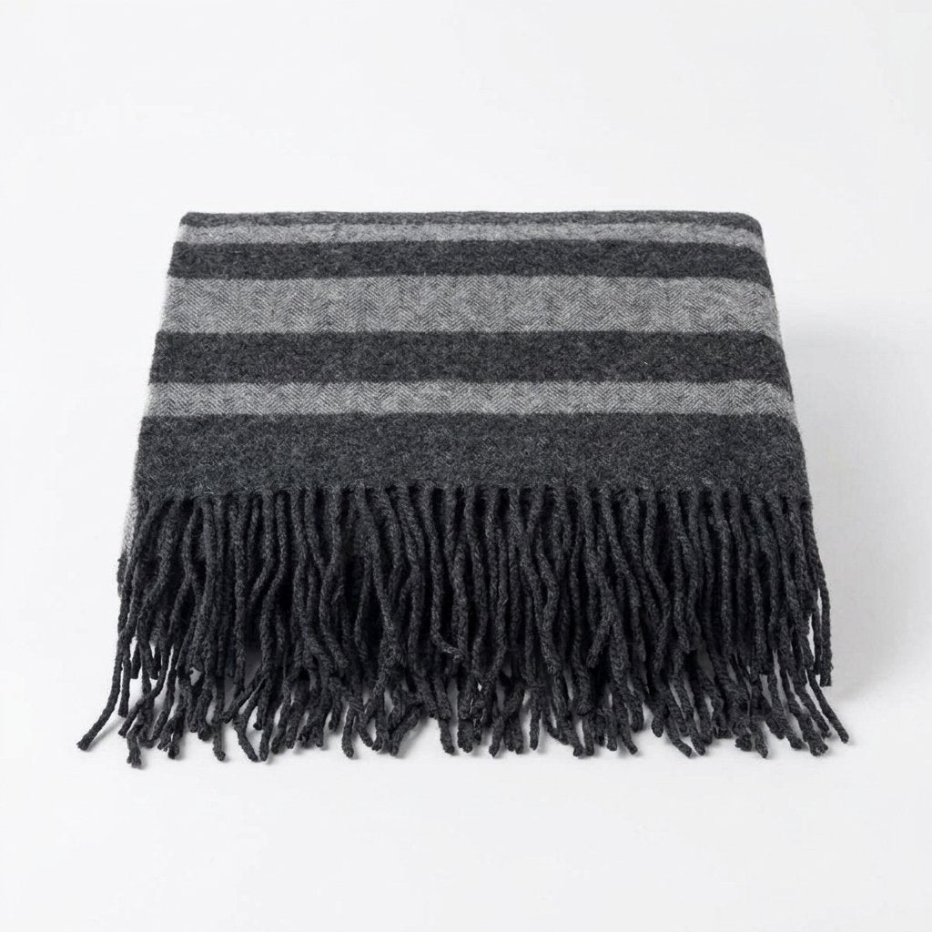 Pure Wool Throw Blanket in Dark Grey and Grey Stripe