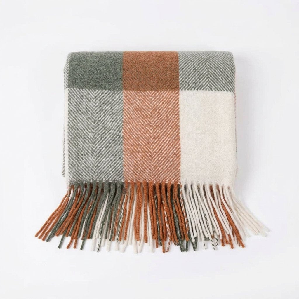 Pure Wool Throw Blanket with Herringbone Stripe