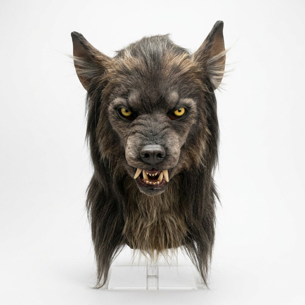 Realistic Full-Head Werewolf Mask with Faux Fur, Fangs and Yellow Eyes