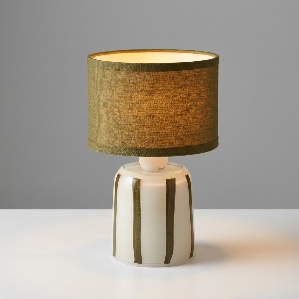 Rechargeable Table Lamp, ceramic stripe base, fabric shade