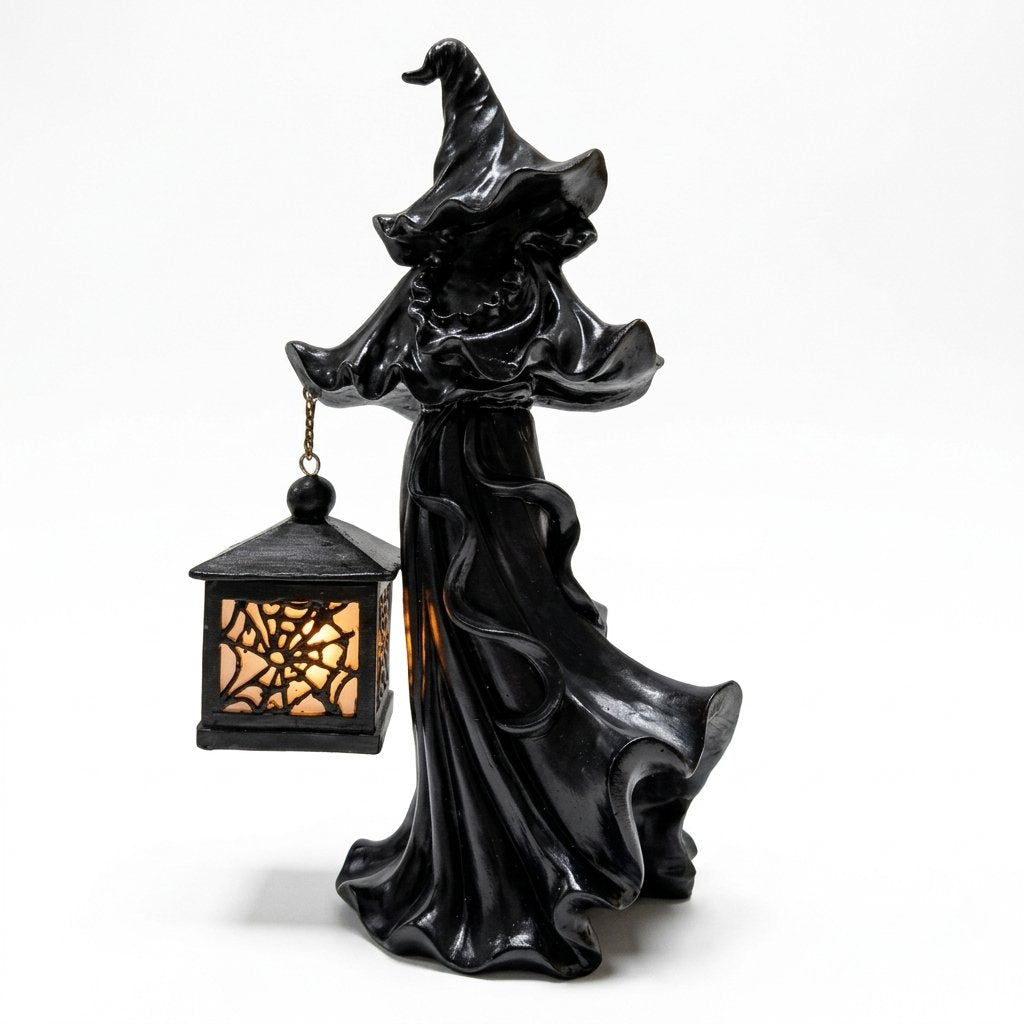 Resin Witch Figurine with Glowing Spider-Web Lantern – Halloween Tabletop Decoration
