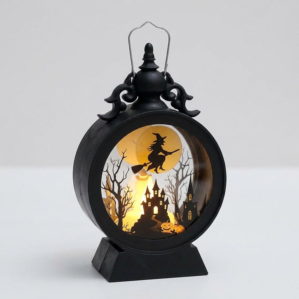 Retro Halloween Lantern with Warm LED Glow and Cut-Out Scene