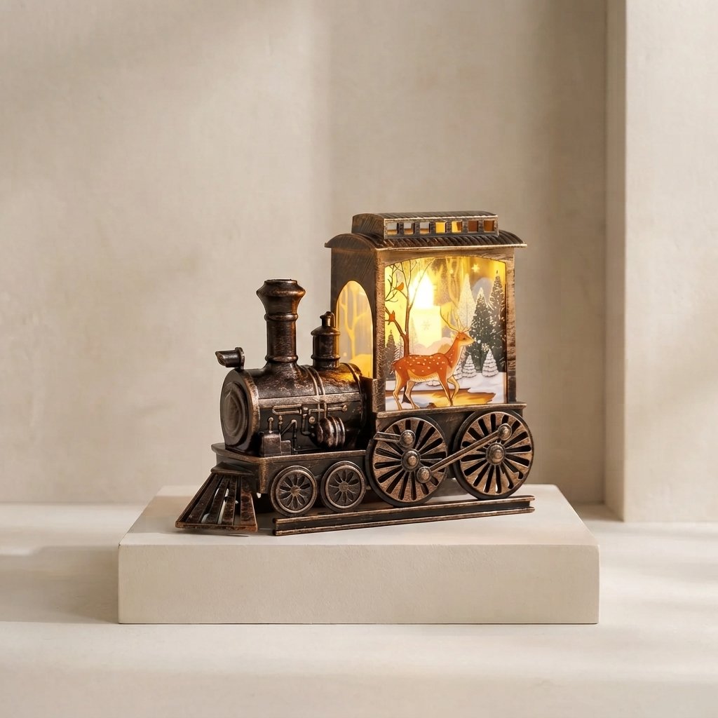 Retro Train LED Lantern with Warm White Winter Scene