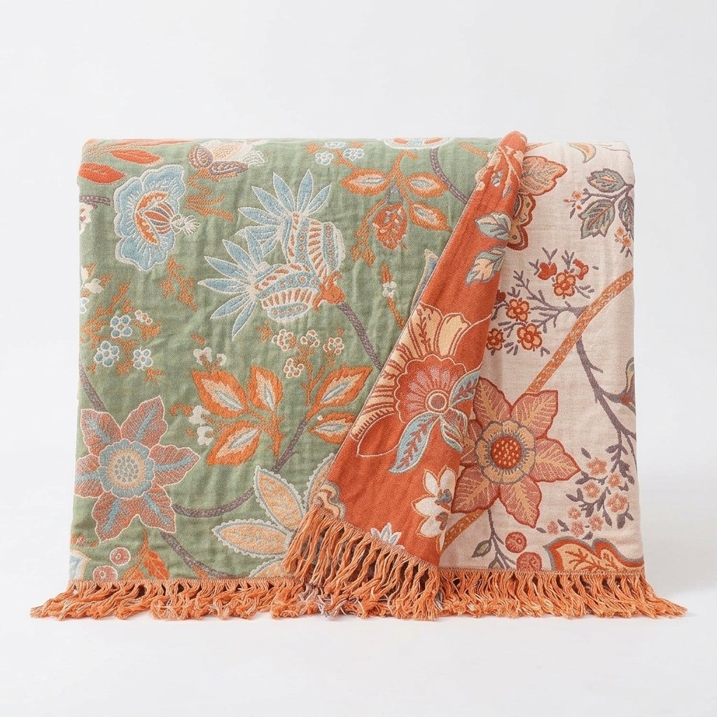 Reversible Botanical Throw Blanket, 4-Layer Cotton