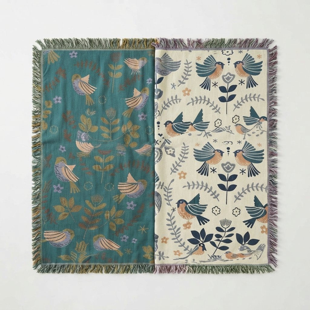 Reversible Cotton Muslin Throw Blanket with Bird Print