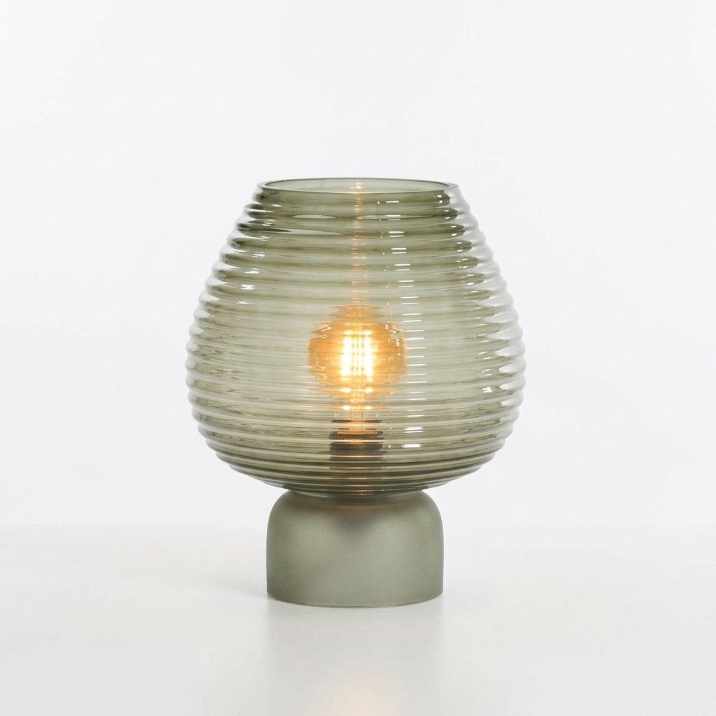 Ribbed Glass Table Lamp with LED, green grey, 27 cm
