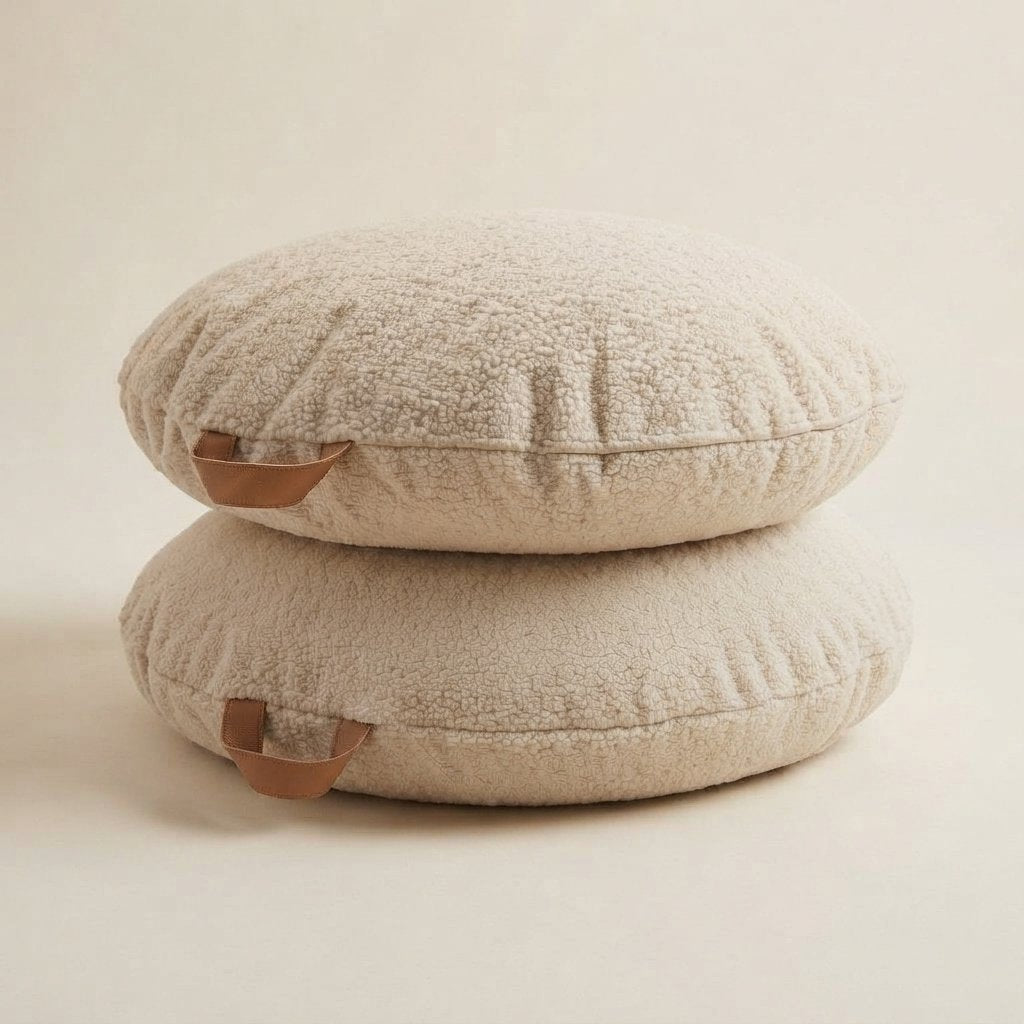 Round Floor Cushions in Teddy Bouclé, Set of 2 – Oat