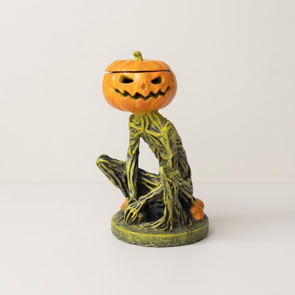 Seated Pumpkin Head Skeleton Statue – Halloween Resin Figurine in Orange and Green
