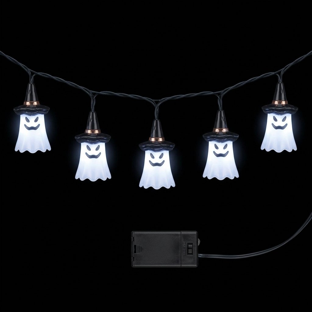 Set of 5 Acrylic Ghost String Lights with 40 White LEDs and Built-In Timer – Indoor and Outdoor Halloween Decoration
