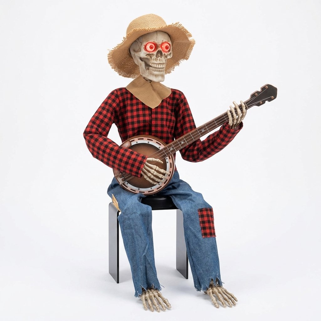 Sitting Banjo-Playing Skeleton Halloween Decoration with LED Glowing Eyes and Interactive Movement