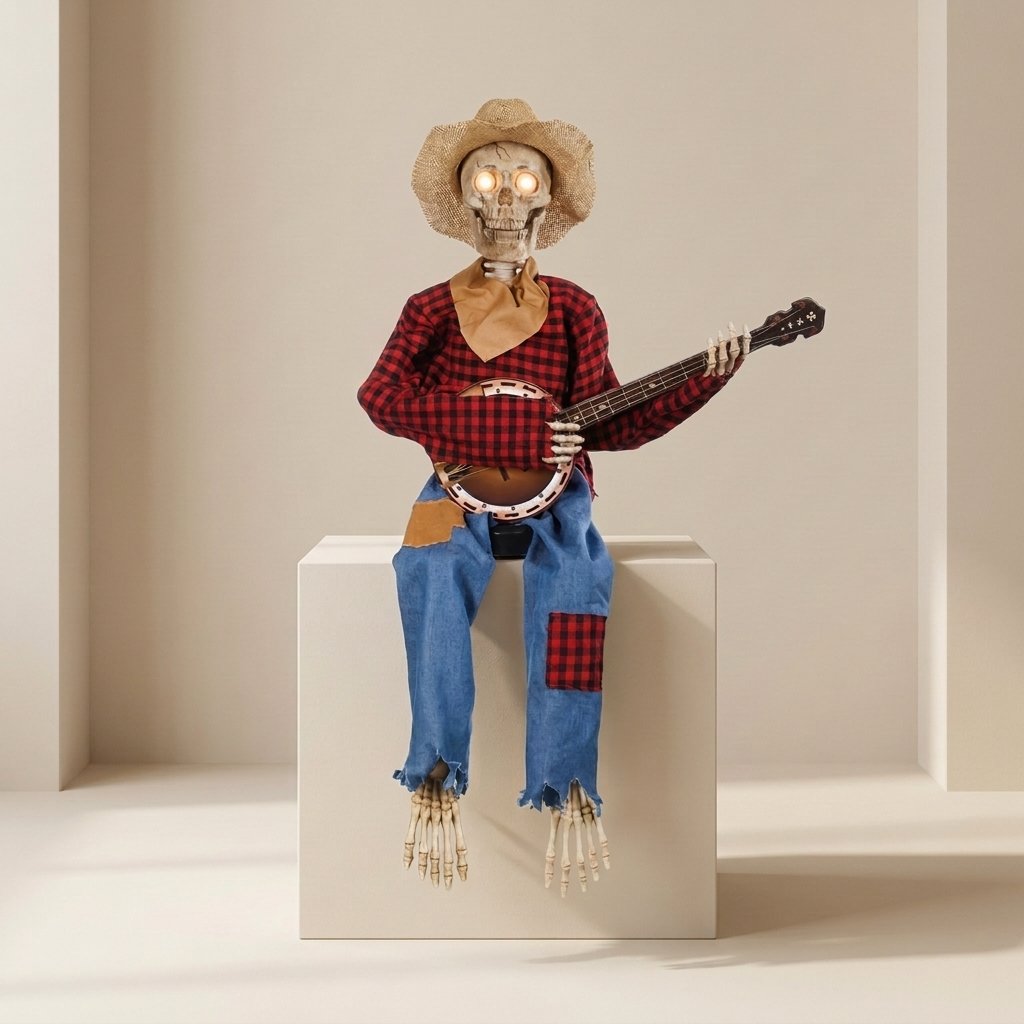 Sitting Skeleton Banjo Player with Glowing LED Eyes – Halloween Decoration