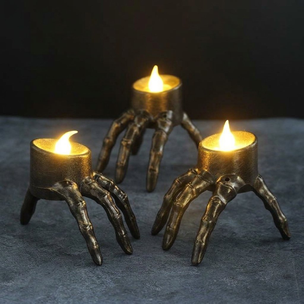 Skeleton Hand and Skull Flameless LED Tealight Candle Holder with Flickering Glow
