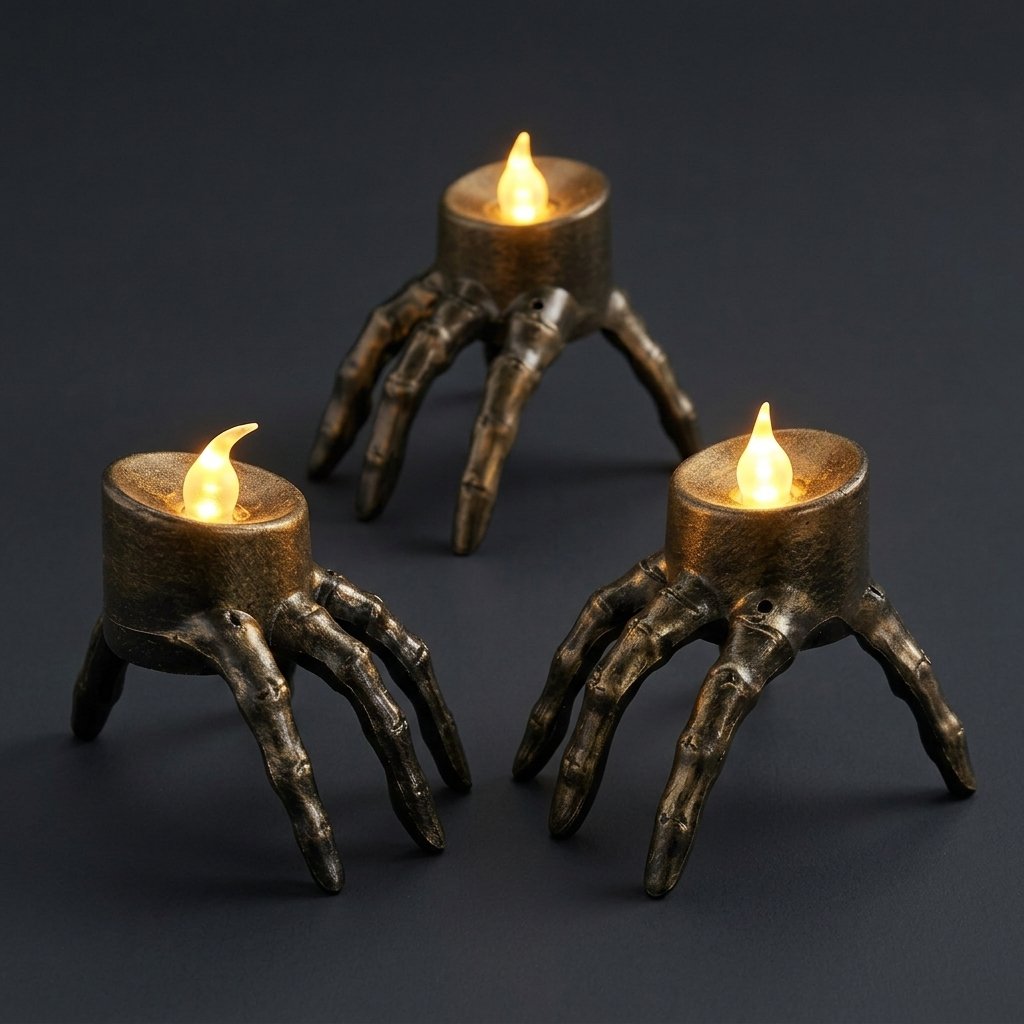 Skeleton Hand and Skull Flameless LED Tealight Candle Holder with Flickering Glow