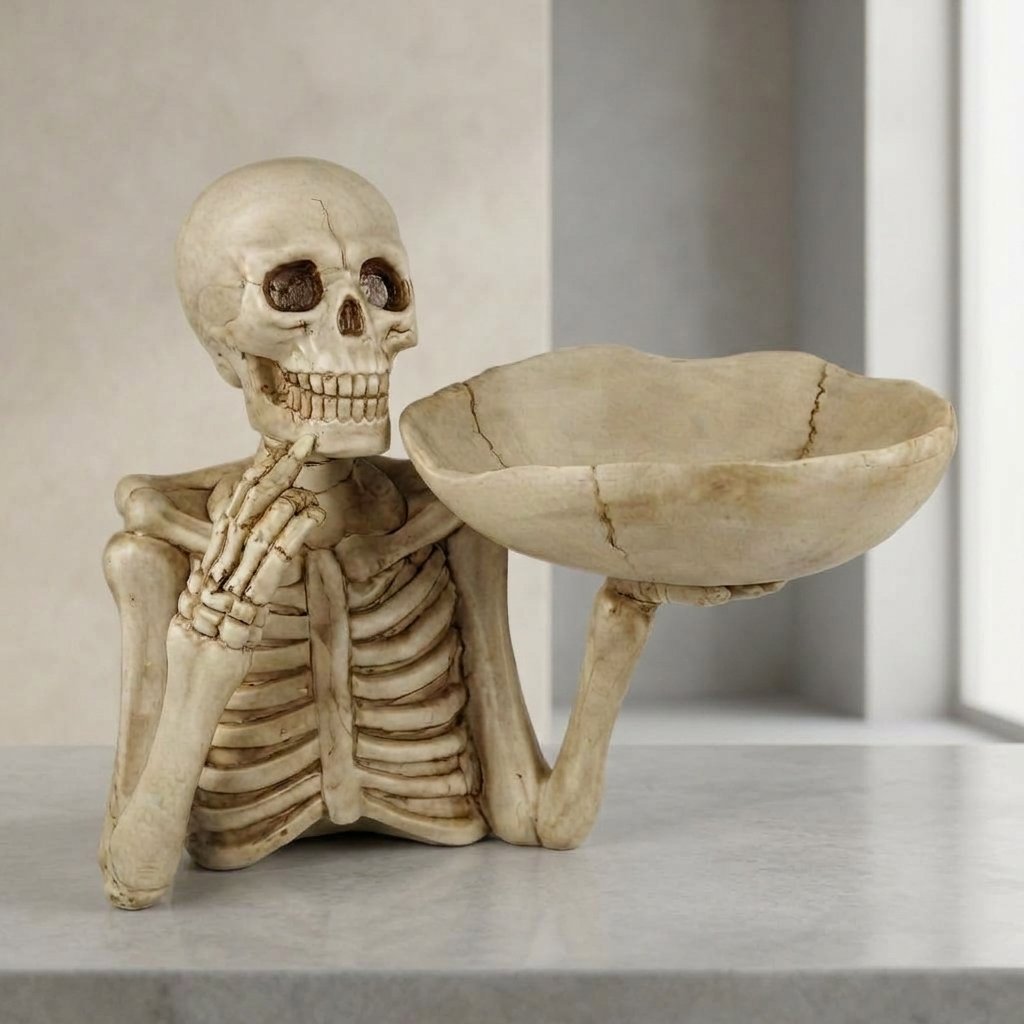 Skeleton Resin Decorative Tray with Bowl — Skull Tabletop Organiser for Keys, Jewellery and Small Accessories