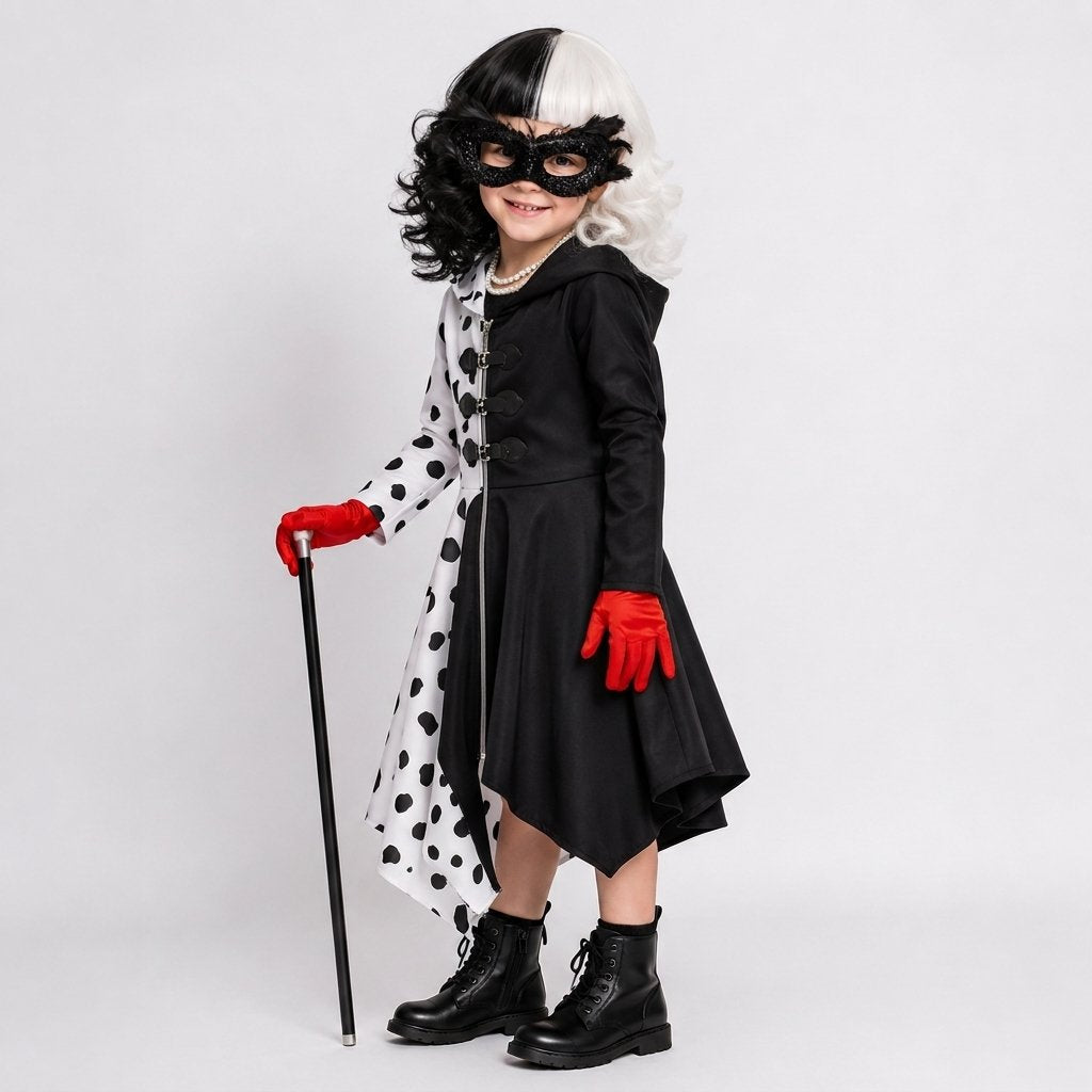 Split-Design Villain Character Costume Dress with Dalmatian Spot Print and Attached Hood