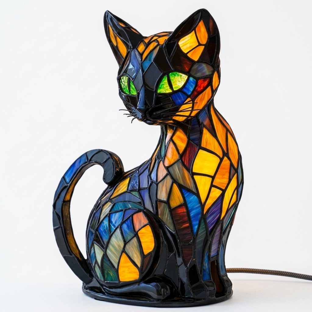 Stained Glass Cat Table Lamp, Mosaic Resin Sculpture