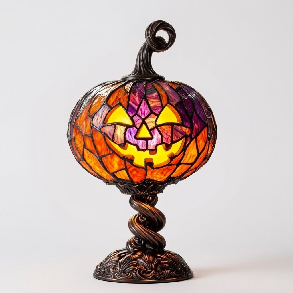 Stained Glass Style Pumpkin Table Lamp with Warm LED – USB Powered Jack-o'-Lantern Decorative Light
