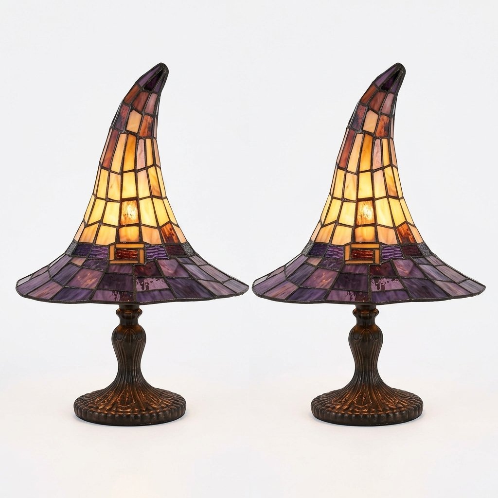 Stained Glass Witch Hat Table Lamp in Leaded Glass Style – Set of 2