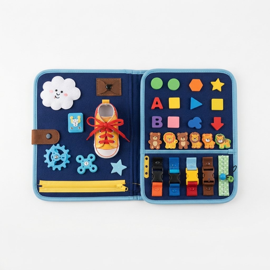 Toddler Busy Board with Shapes, Zips and Lacing Activity