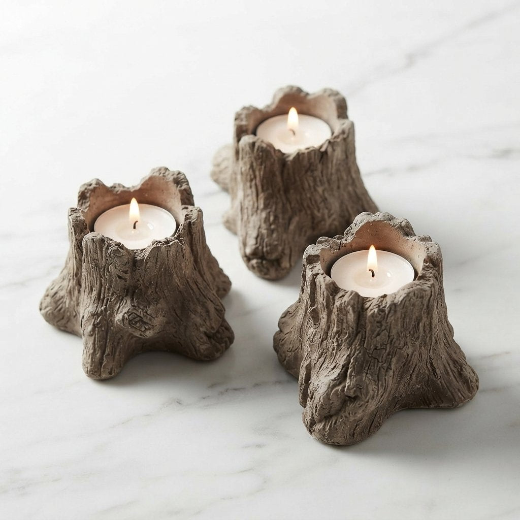 Tree Hollow Candle Holder in Textured Cement