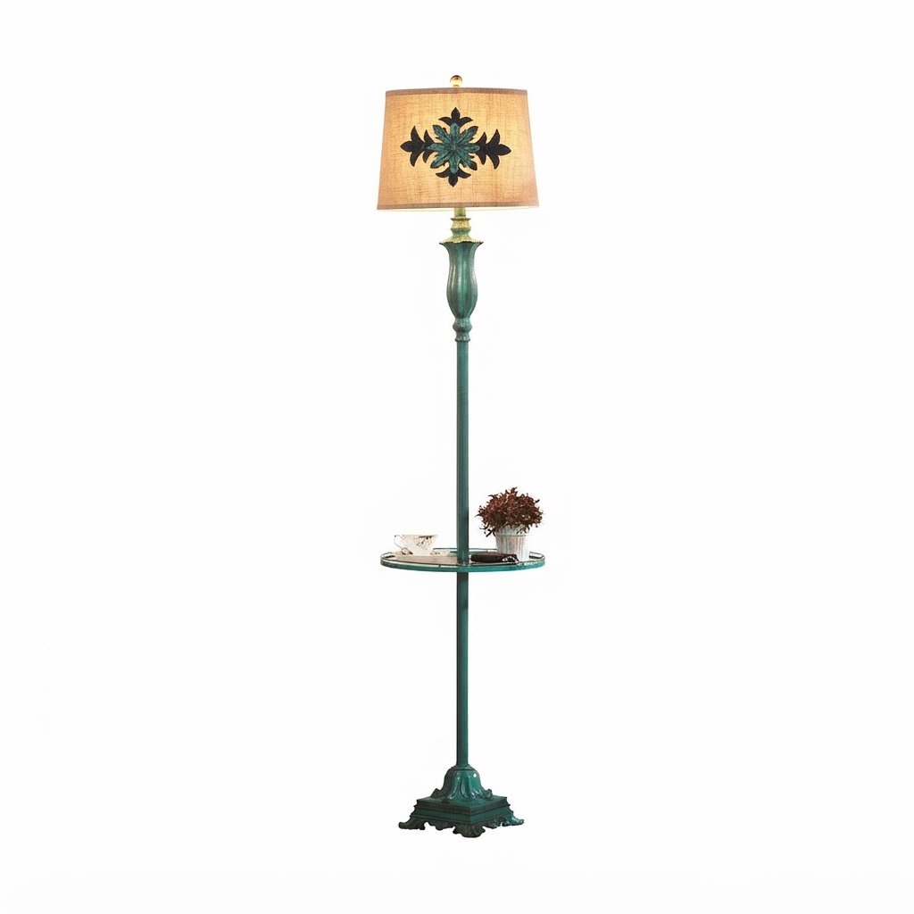 Vintage Floor Lamp with Glass Shelf, Green Resin & Metal