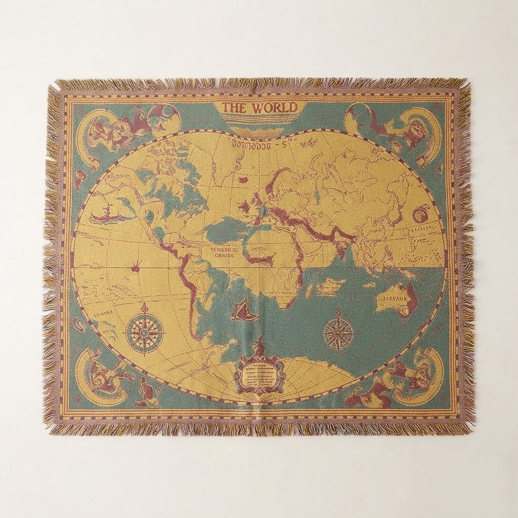 Vintage World Map Cotton Throw Blanket with Fringe