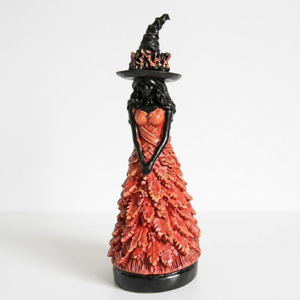 Witch figurine with leaf dress and pointed hat, gothic autumn decoration in four colours