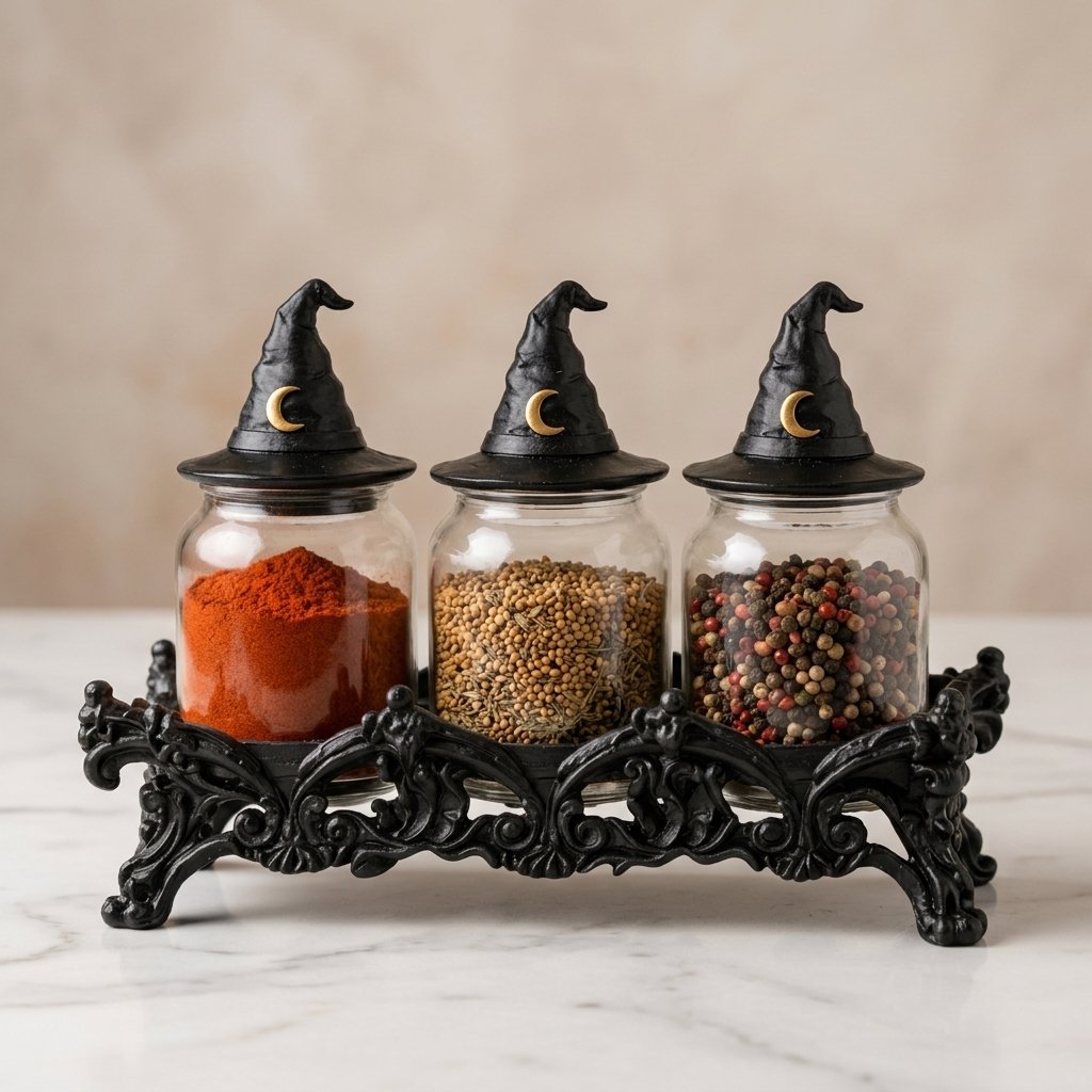 Witch Hat Spice Jar Set with Lids – Set of 3 Glass Jars on Decorative Tray