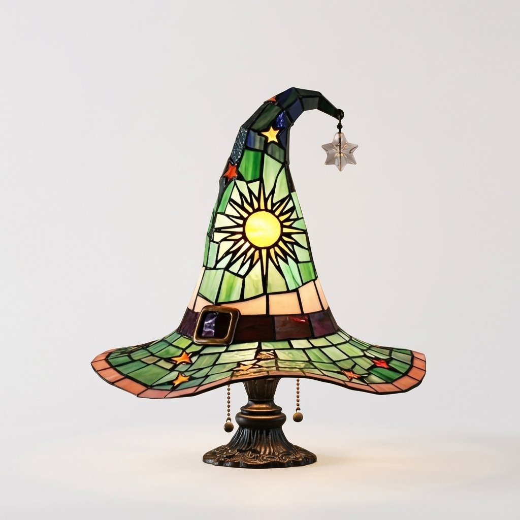 Witch Hat Tiffany-Style Stained Glass Accent Lamp with Star and Sun Motifs