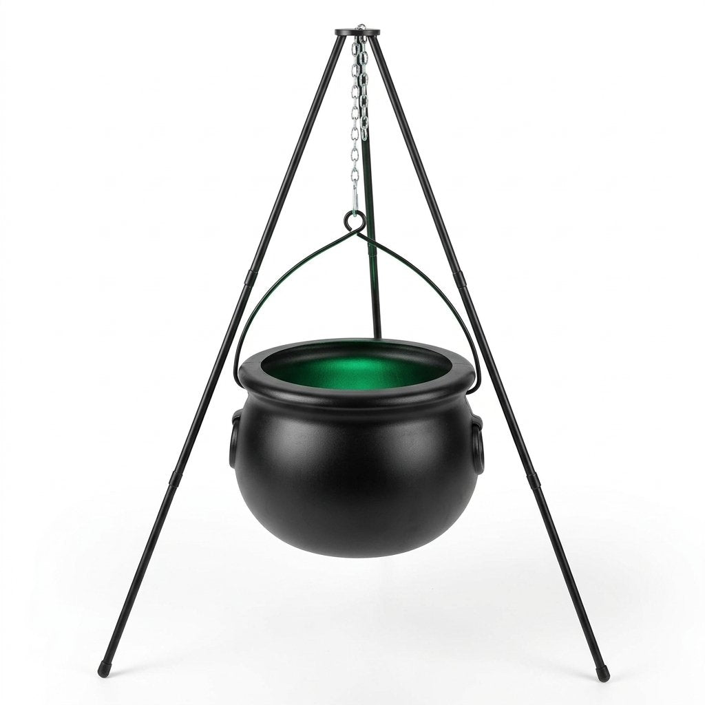 Witch's Cauldron Tripod with Green LED Glow – Halloween Outdoor Decoration