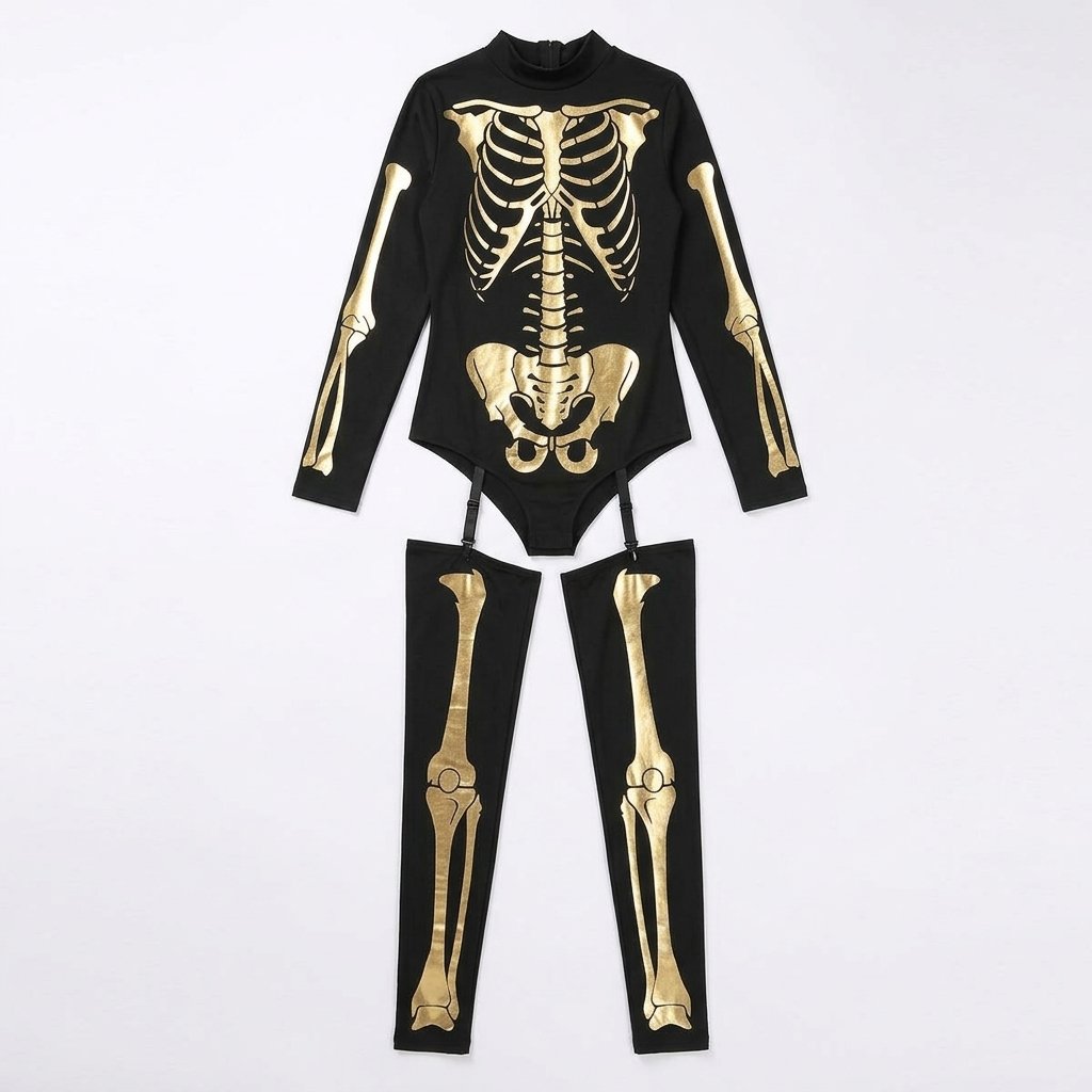 Women's Skeleton Print Halloween Bodysuit with Thigh-High Leggings and Garter Straps