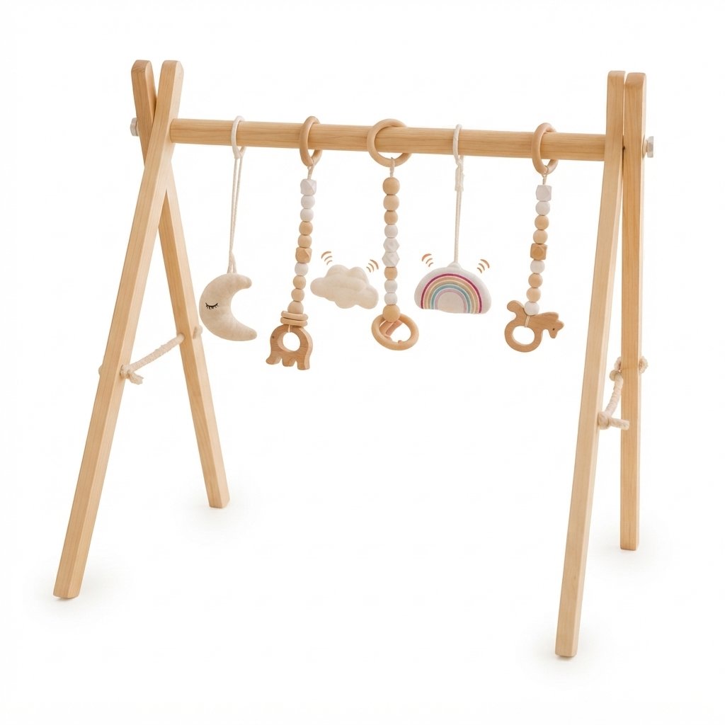Wooden Baby Play Gym with 6 Hanging Sensory Toys