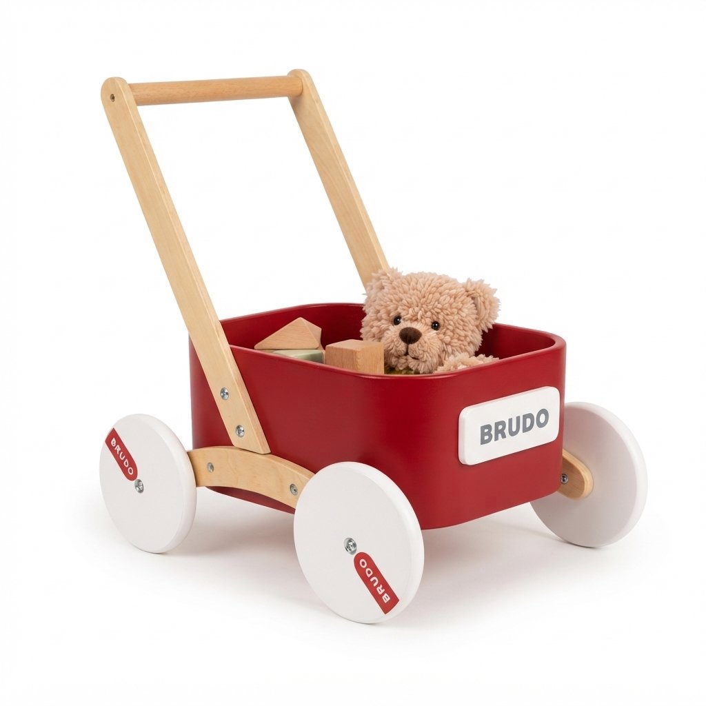 Wooden Baby Push Walker Wagon with Toy Tray – Red