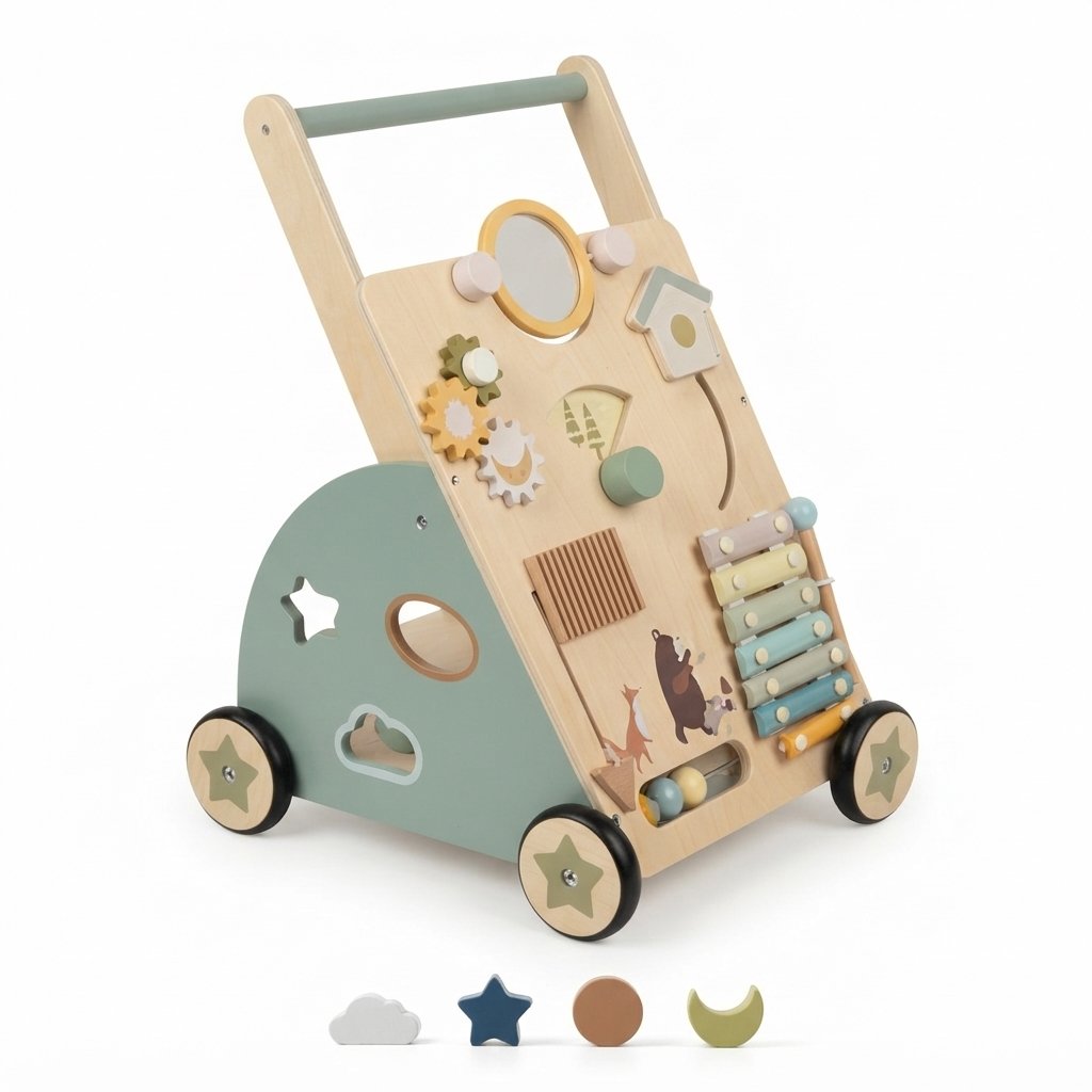 Wooden Baby Push Walker with Activity Board & Shape Sorter