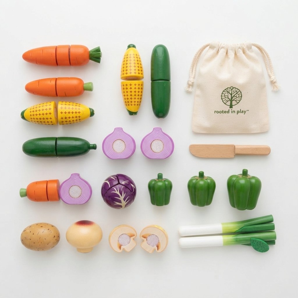 Wooden Cutting Vegetable Play Food Set with Basket