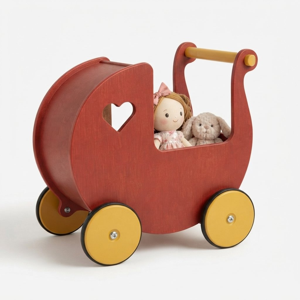 Wooden Doll Pram Walker in Rust Red – 2-in-1