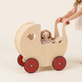 Wooden Doll Pram Walker, Natural Birch with Red Wheels