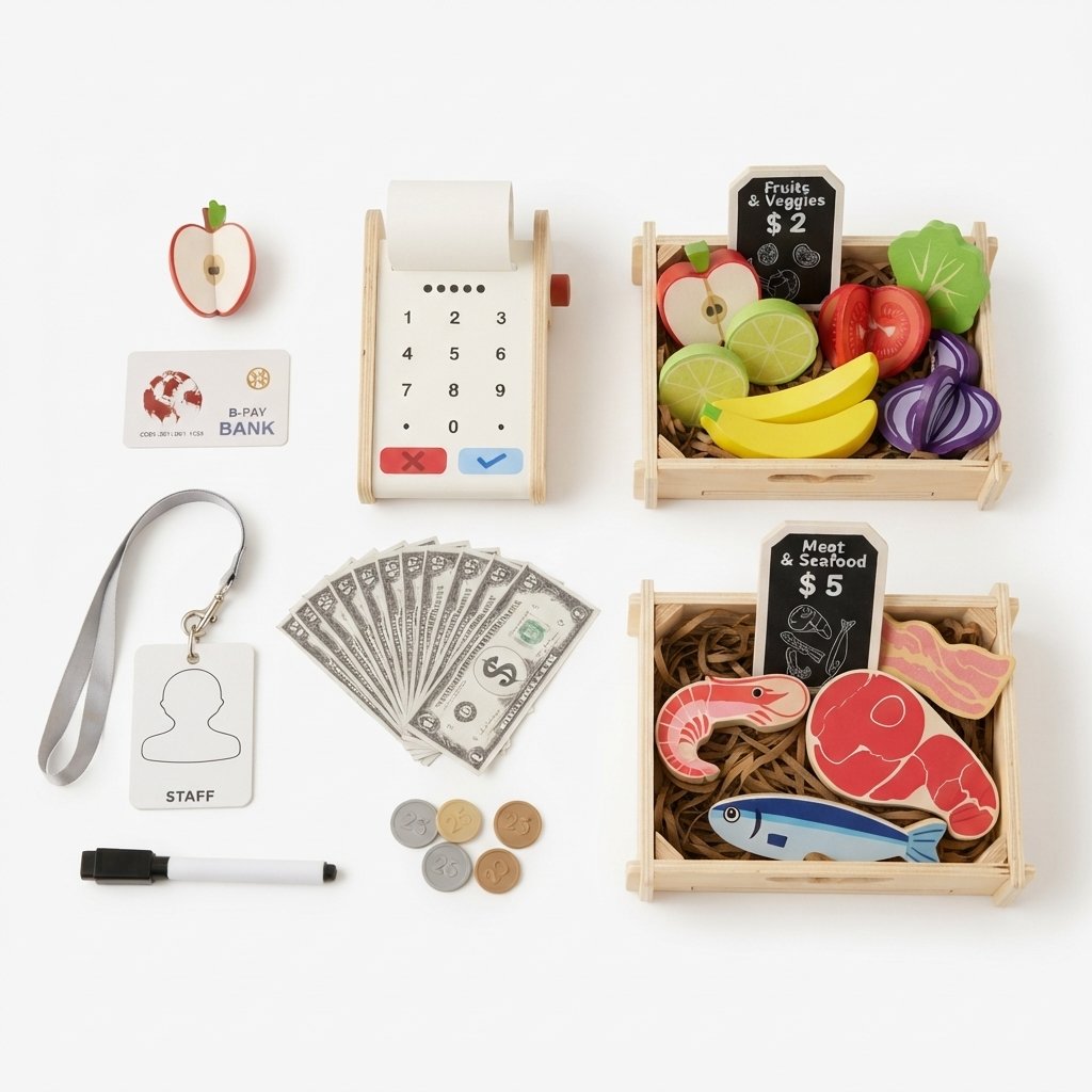 Wooden Play Food Market Set with Card Reader & Play Money